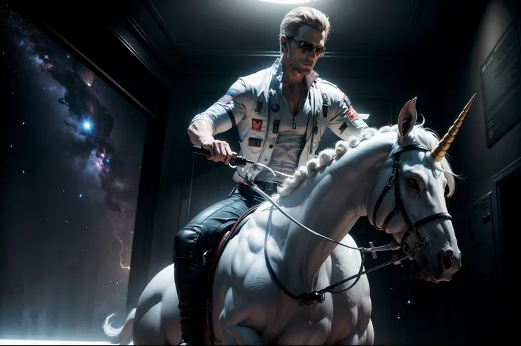 albert wesker, shirtless, riding a white unicorn, unicorn horn, in space