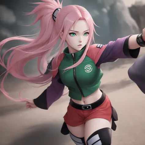 Pink hair, emerald eyes, wears Naruto anime style fighting cloths, hair is long and silky,