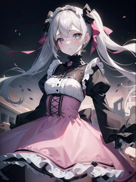 (Masterpiece, Best quality, ultra high resolution),1girl,pink dress, ruffled dress, princess dress,twin tails,black eyes,bags under the eyes, sour look,pale skin,beautiful and detailed face, detailed eyes,(gray theme)