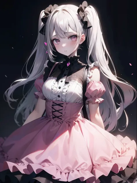 (Masterpiece, Best quality, ultra high resolution),1girl,pink dress, ruffled dress, princess dress,twin tails,black eyes,bags under the eyes, sour look,pale skin,beautiful and detailed face, detailed eyes,(gray theme)