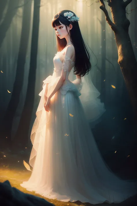 In the misty forest，Under bright moonlight，Standing a lady in a long dress of light tulle, Brunette lady with glowing tulle dress, inspired by Igor Kieryluk, It is covered with azure and cream yellow, White fireflies fly，inspired by Wadim Kashin, by Russel...