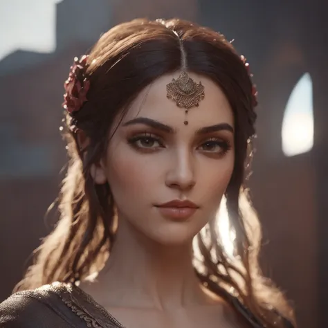 "(Professional 3D Rendering: 1.3) OF (Realistic: 1.3) The most stunning piece of art in the world. Features a beautiful Arabic woman with soft and radiant features, ((Epic fantasy hero with a muscular yet graceful figure, a determined and intense gaze, lon...