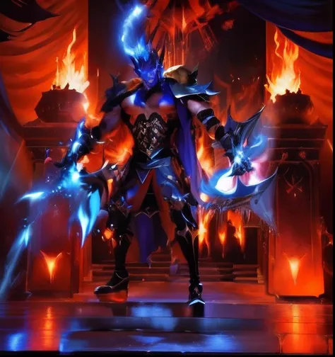 a close up of a person standing on a stage with a fire gloves , demon male, djinn man male demon, male djinn man demon hybrid, muscled humanoid balrog demon, human male demon, raziel irl, man male demon, ruler of inferno, evil devious male, male vampire of...