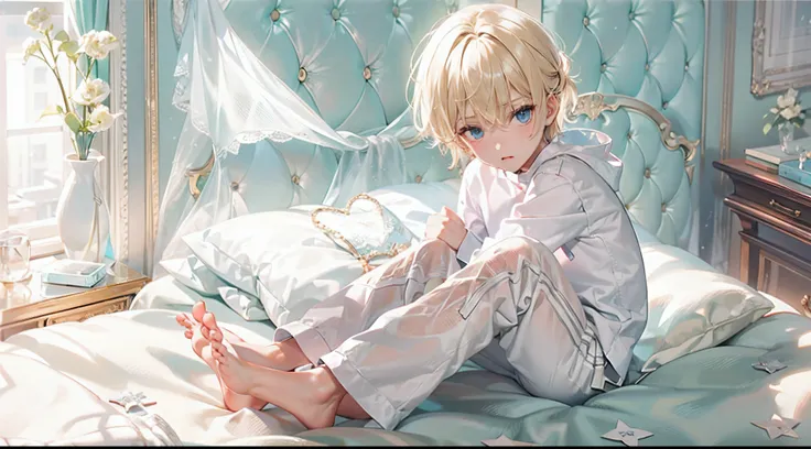 （tmasterpiece，Best picture quality）（Attention to detail，Show master level）A thin blonde boy sits cross-legged on the bed（独奏），Barefoot，short white pants，Cute dolls next to it，The walls of the room are white。