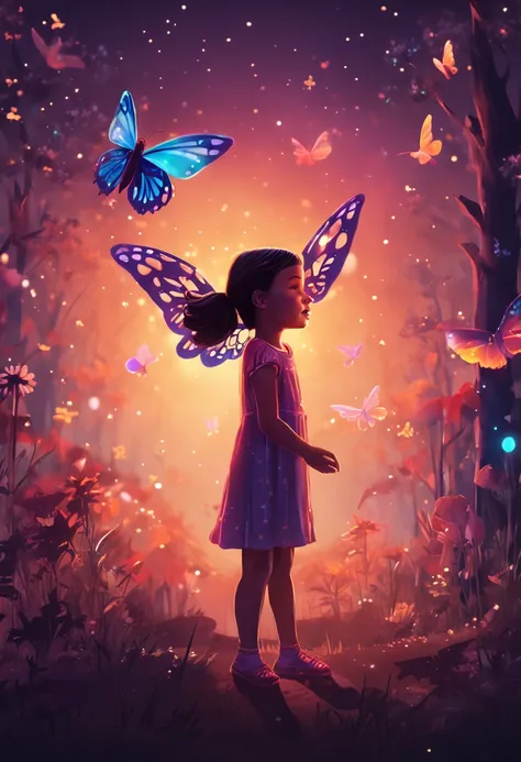 Little girl with glowing butterfly wings flying through the night sky and greeting a friendly hummingbird."