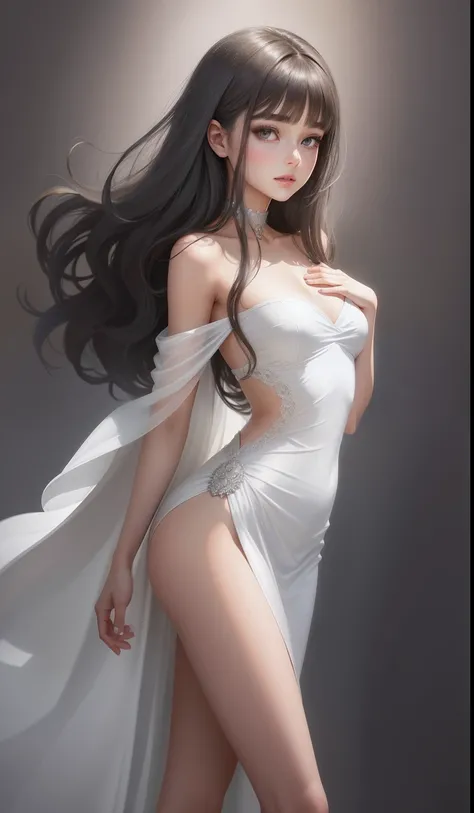 a woman in a long silver solid draped spaghetti dress, silver high heels, diamond hair piece, 17 years old, shoulder length slightly wavy hair, ((dark brown hair)) and gleaming detailed vibrant grey eyes, slim frame, medium breasts, long legs, beautiful fa...