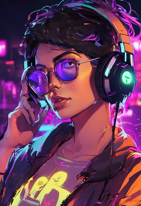 Woman with black hair wearing headphones for games glowing with colored light and glasses with a light on the face, foto de perfil 1024px, Streamer do Twitch, Razer, fone de ouvido cyberpunk, Streamer do Twitch / Jogador Ludwig, nice lighting