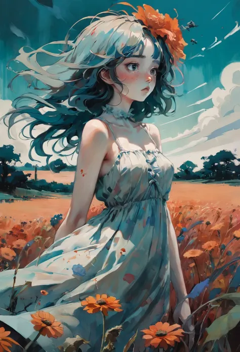 Woman wearing a light summer dress in a field of flowers. In the style of Adrian Ghenie, Esao Andrews, Jenny Saville, Edward Hopper, surrealism, Dark Art par James Jean. Tim Burton. Inspired by Sewerslvt. Esthetic 90s anime.