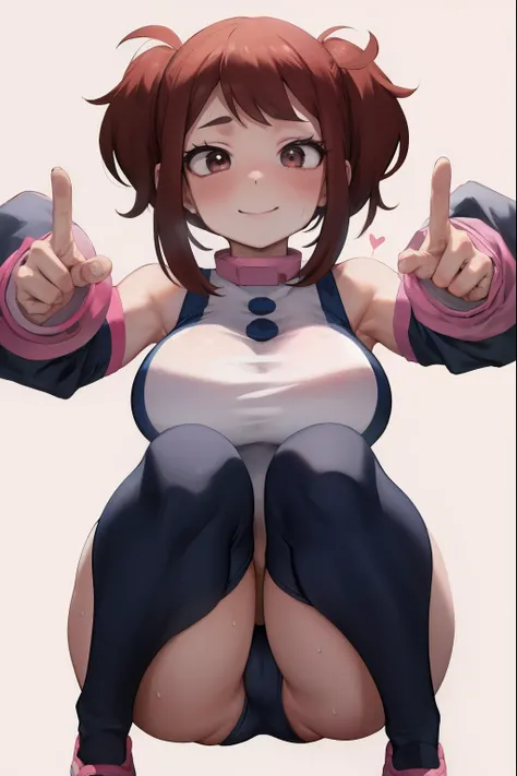 ((​masterpiece、top-quality;1.3))、ultra-detailliert、细致背景、1girl in、独奏、A smile、maikurobikini、Ochako Uraraka、looking at the viewers、large full breasts、Pink suit、
school  background、weightless、realisticlying、Fly from above、squatting and opening legs、Heart of Lo...