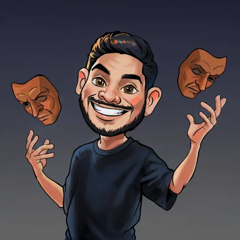 Cartoon man juggling masks of different shapes and sizes, caricature illustration, Estilo de caricatura, in cartoon style, retrato de personagem de mim, arte dos desenhos animados, Cartoon style illustration, professional illustration, retrato dos desenhos...