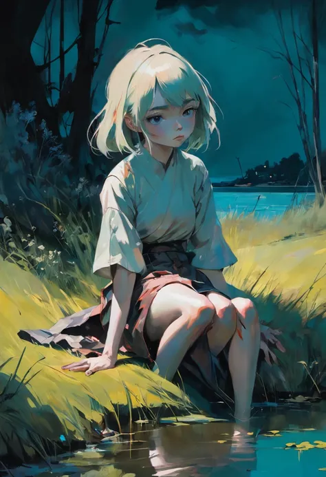 Woman sitting in the grass near a lake. In the style of Adrian Ghenie, Esao Andrews, Jenny Saville, Edward Hopper, surrealism, Dark Art par James Jean. Tim Burton. Inspired by Sewerslvt. Esthetic 90s anime.