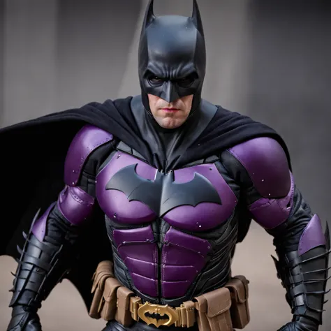 batman in purple armor hitting bad guy realistic photo