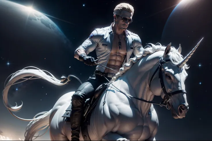 albert wesker, shirtless:1.3, riding a white unicorn, unicorn horn, in space, flying through the cosmos, serious face,