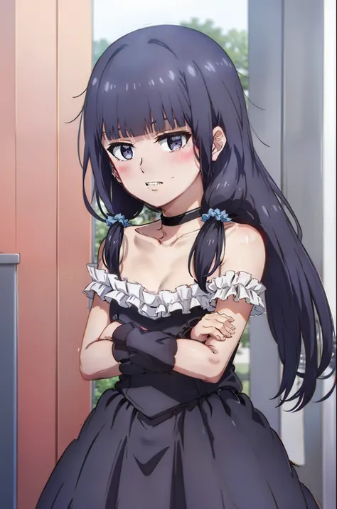 1girl, solo, upper body, crossed_arms, blushing, clenched_teeth, looking away from viewer, standing, frilly black dress, long porple hair, twintails, drill hair, ribbon, stitches, choker, bare shoulders, hair_bow