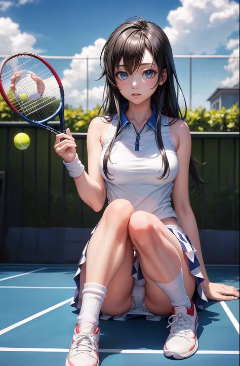 masterpiece, 1girl, solo, yukino yukinoshita, glowing eyes, white sneakers, tennis wear, white miniskirt, white panties, white knee socks, masterpiece, top quality, realistic, hyper-detailed, blue sky, tennis court