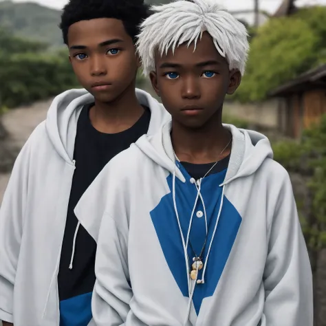 White hair, boy, black skin, blue eyes, partial Japanese