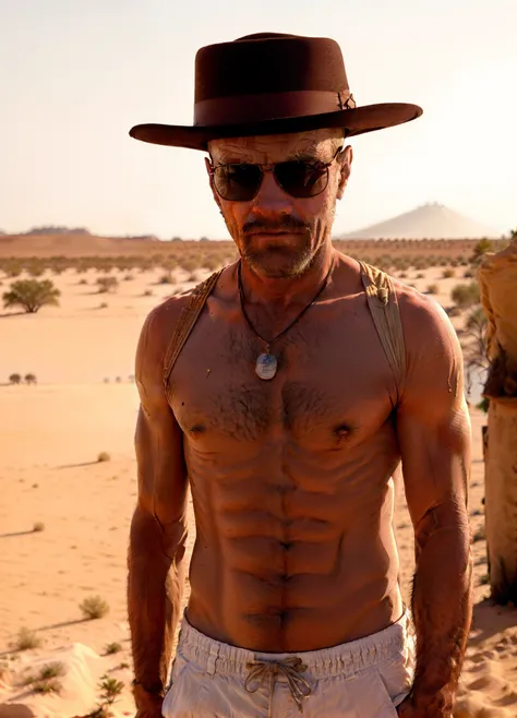 (Uma foto de corpo inteiro do homem), careca, em um deserto, wearing sunglasses and a hat, roupas pretas, Epic character composition,
Por Ilya Kuvshinov, alessio albi, Nina Masic,
foco nítido, natural  lightting, espalhamento subsuperficial, f2, 35 mm, gra...