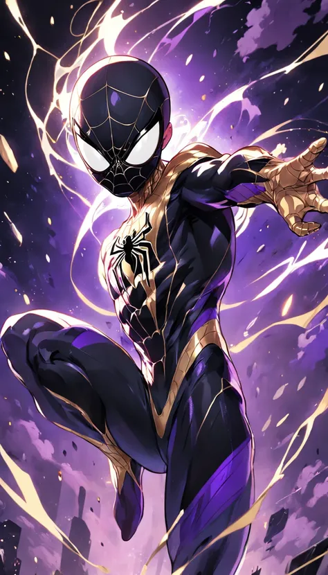 Spiderman, cartoon, intense colors (black, purple, white and gold), galaxy background