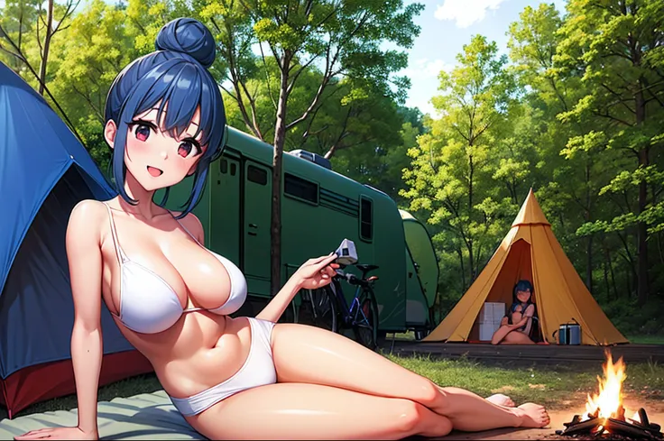 shima rin, 1girl, blue hair, hair bun, sitting, camping, outdoors, woods, campfire,, anirl, best quality, ultra high res, big boobs, big ass, matured, sexy