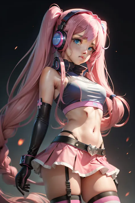 1girl, solo, twintails, gloves, long hair, blue eyes, pink hair, midriff, elbow gloves, skirt, very long hair, navel, headphones, crop top, headset