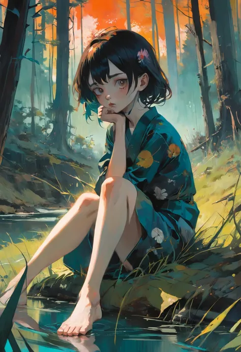 Woman sitting in the grass, in a forest, near a lake. tomber. automne. Dans le style dAdrian Ghenie, Esao Andrews, Jenny Saville, Edward Hopper, surrealism, Dark Art par James Jean. Tim Burton. Aesthetic anime of the 90s.