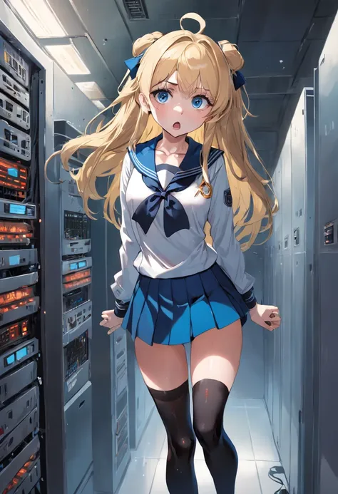 (1girl:1.3), (blonde long hair:1.2), (wavy hair:1.1), (blue eyes:1.0), (medium breasts:1.1), (long-sleeved sailor uniform:1.2), (skirt:1.1) , (side ribbon hair accessory:1.1), (troubled and panicked expression:1.3), (server room:1.3), (knee-high socks:1.0)...