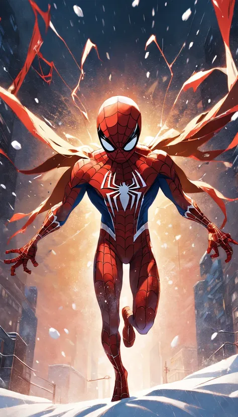 Spiderman, realistic draw, intense colors (white, gold and red), snow background