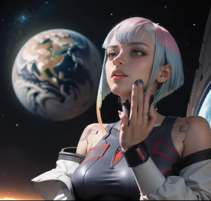 masterpiece, best quality, highres, lu1, cyborg, multicolored hair, makeup, bare shoulders, black leotard, highleg leotard, (thong:1.1), white jacket, open jacket, belt, shorts, cowboy shot, planet, moon, earth (planet)