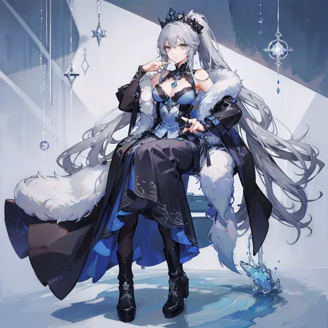 Girl, gray wavy hair with blue strands, gathered in a high ponytail, gray eyes, royal attire, fur jewelry, calm look, high boots