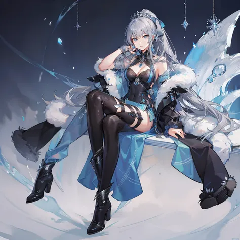 Girl, gray wavy hair with blue strands, gathered in a high ponytail, gray eyes, royal attire, fur jewelry, calm look, high boots