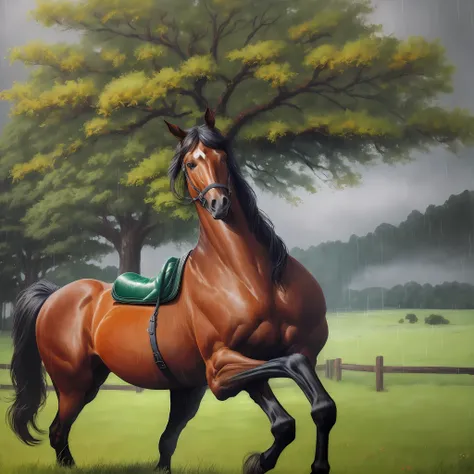 Horse in a green pasture with a huge tree and raining, acrylic painting