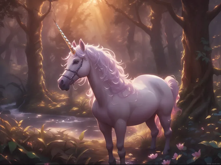 a picture of a unicorn in a forest clearing, an epic unicorn, watching a forest clearing, there are plenty of trees and flowers, a stream of water, fairies flying around, sunset light, sun rays, fantasy art, D&D art, RPG art, ultra best realistic, best det...