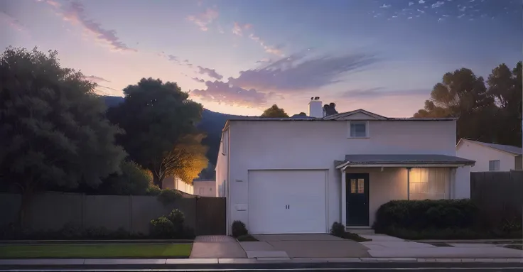 There is a white house with a black door and a white fence, inspirado por David Ligare, em frente a uma garagem, peaceful suburban scene, in a suburb, um hiper realista, inspirado em Edward Ruscha, a photorealistic rendering, "Hiper realista, Jantar realis...