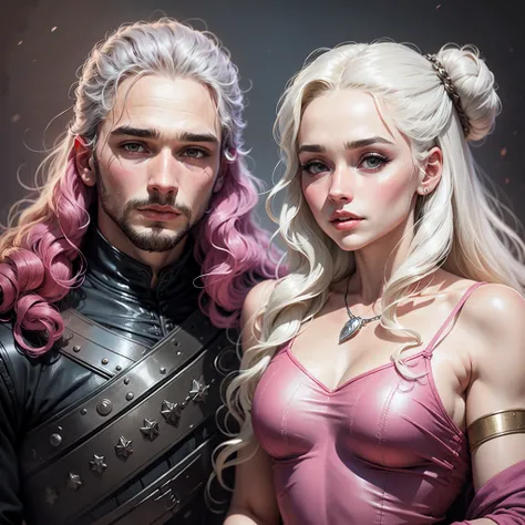 Character from Game of Thrones Jon Snow and Daenerys Targaryen posing, Pink Aesthetic, in the style of alejandro burdisio, pop art, harsh realism, matte drawing, firmin baes, bio --auto --s2