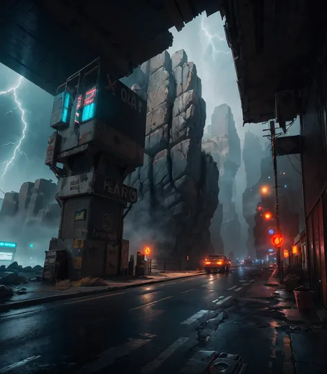 a photo of a cyberpunk western town in a foggy canyon, style of roger deakins, extremely high detail, 8 k, volumetric lightning, unreal engine, photorealism, hyperrealism