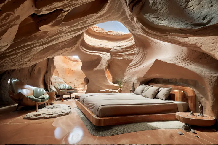 there is a bed in a room with a large rock wall, (((indoor:1.5))), in a futuristic desert palace, martian architecture, futurist...