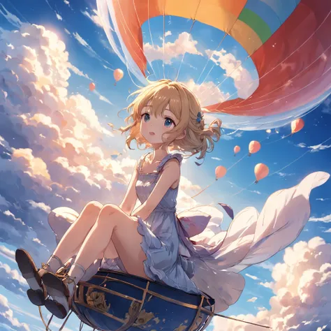 ​masterpiece、top-quality、Movie stills、1girl、Cloud Girl、floating in sky、a closeup、发光、happiness、Warm soft lighting、the setting sun、Woman sitting in hot air balloon, she is floating in the air, , baloons, Fantasia, Anime Artwork, Floating in mid-air,White dre...