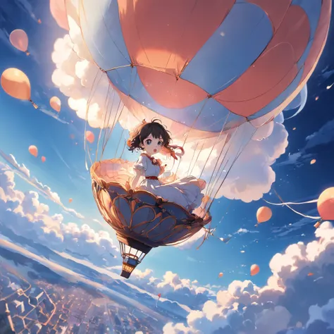 ​masterpiece、top-quality、Movie stills、1girl、Cloud Girl、floating in sky、a closeup、发光、happiness、Warm soft lighting、the setting sun、Woman sitting in hot air balloon, she is floating in the air, , baloons, Fantasia, Anime Artwork, Floating in mid-air,White dre...