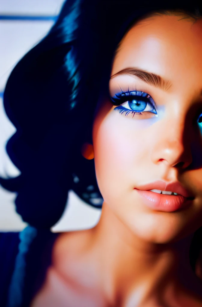 there is a woman with blue eyes and a black hair, fool body,  azure eyes, striking azure eyes, azure blue eyes, perfect blue eyes, with vivid blue eyes, piercing bright blue eyes, bright blue eyes, vivid blue eyes, blue shining eyes, crystal blue eyes, sym...