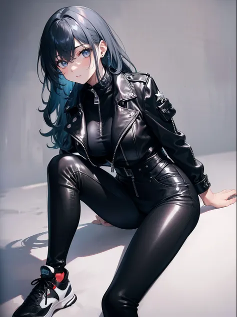 (Masterpiece, Best quality, ultra high resolution),1girl, curly blue hair, tan skin, black V-neck top, black leather jacket with zippers, tight black pants, black sneakers with white stars, beautiful and detailed face, detailed eyes,(grey theme)