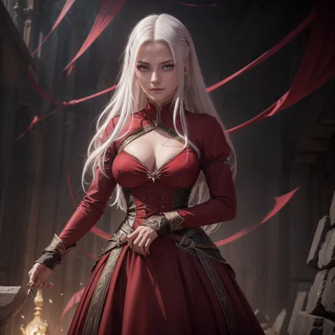 "Cruel Elegance: Craft an image of Tresrossa as a captivating girl with distinctive white hair and striking red eyes. Portray her with a beauty that conceals a hint of cruelty, capturing her enigmatic smile. Dress her in an attire that balances elegance an...