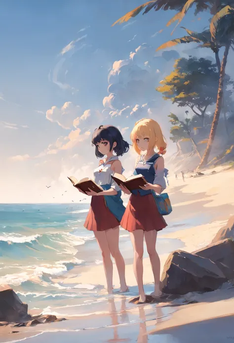 Anime - Painting style of two girls standing on the beach reading a book, a storybook illustration by Kamagurka, Vencedor do concurso Pixiv, arte de fantasia, Artgerm e Atey Ghailan, Arte no estilo de Guweiz, Guweiz em Pixiv ArtStation, duas lindas garotas...