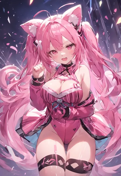 1girl, breasts, solo, headphones, large breasts, pink hair, thigh highs, long hair, looking at the viewer, transparent background, blush, smile, open mouth, bear ears, navel, animal hands, cleavage, animal ears, pink eyes, striped, midriff, skirt, paw glov...