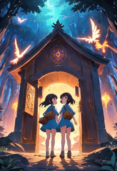 The two girls found a treasure chest, e ao abrir, A magical portal appeared in front of the girls