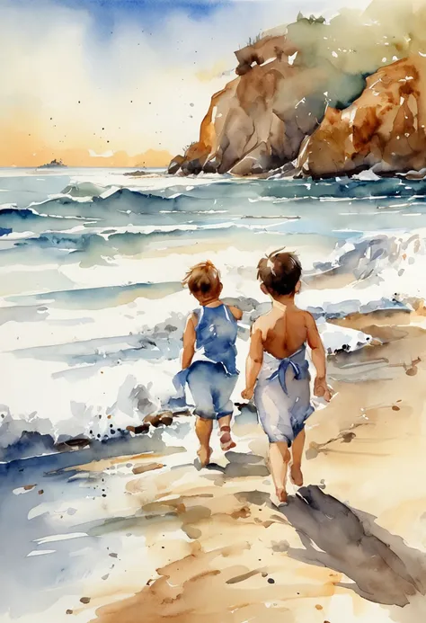 SENSE OF CINEMA，Beautiful evening seaside，Two little babies rushed out to sea from the beach，Silvery-white waves lapping against the beach，setting sun