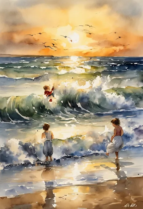 SENSE OF CINEMA，Beautiful evening seaside，Two little babies rushed out to sea from the beach，Silvery-white waves lapping against the beach，setting sun