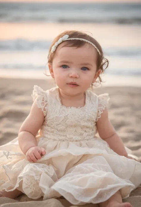 SENSE OF CINEMA，Beautiful evening seaside，Two little babies rushed out to sea from the beach，Silvery-white waves lapping against the beach，setting sun