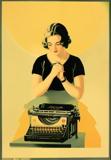 Painting of a woman sitting at a desk with a typewriter, Dicas de Coles Phillips, Directed by: Coles Phillips, inspirado em Coles Phillips, Poster de Shephard Fairey, advertising poster, poster vintage, Cartaz de propaganda dos anos 1940, cartaz de propaga...