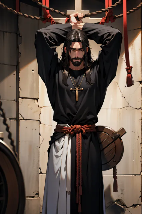 Jesus wearing black rope big arms and really strong  realistic, HD, 4k --ar 9:16 --chaos 8