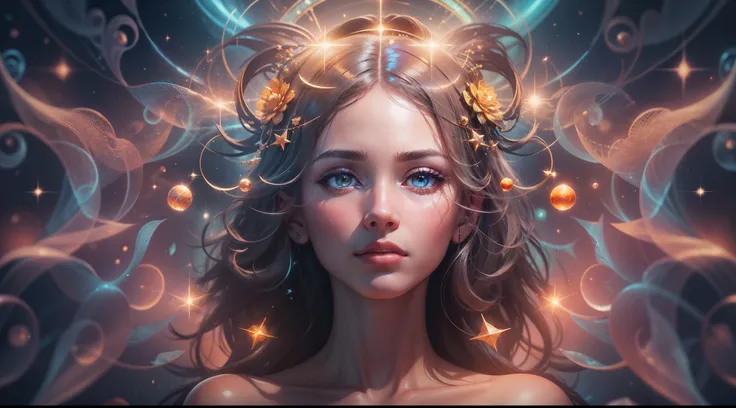 Symmetrical, The tender essence of a woman, Full illustration, The Source of Consciousness, The Energy of the Universe, vitality, Prana, The Mind and Spirituality of God, Masterpiece, Trending on ArtStation, A whirlwind of galaxies, tinsel, Glitter, Adobe ...